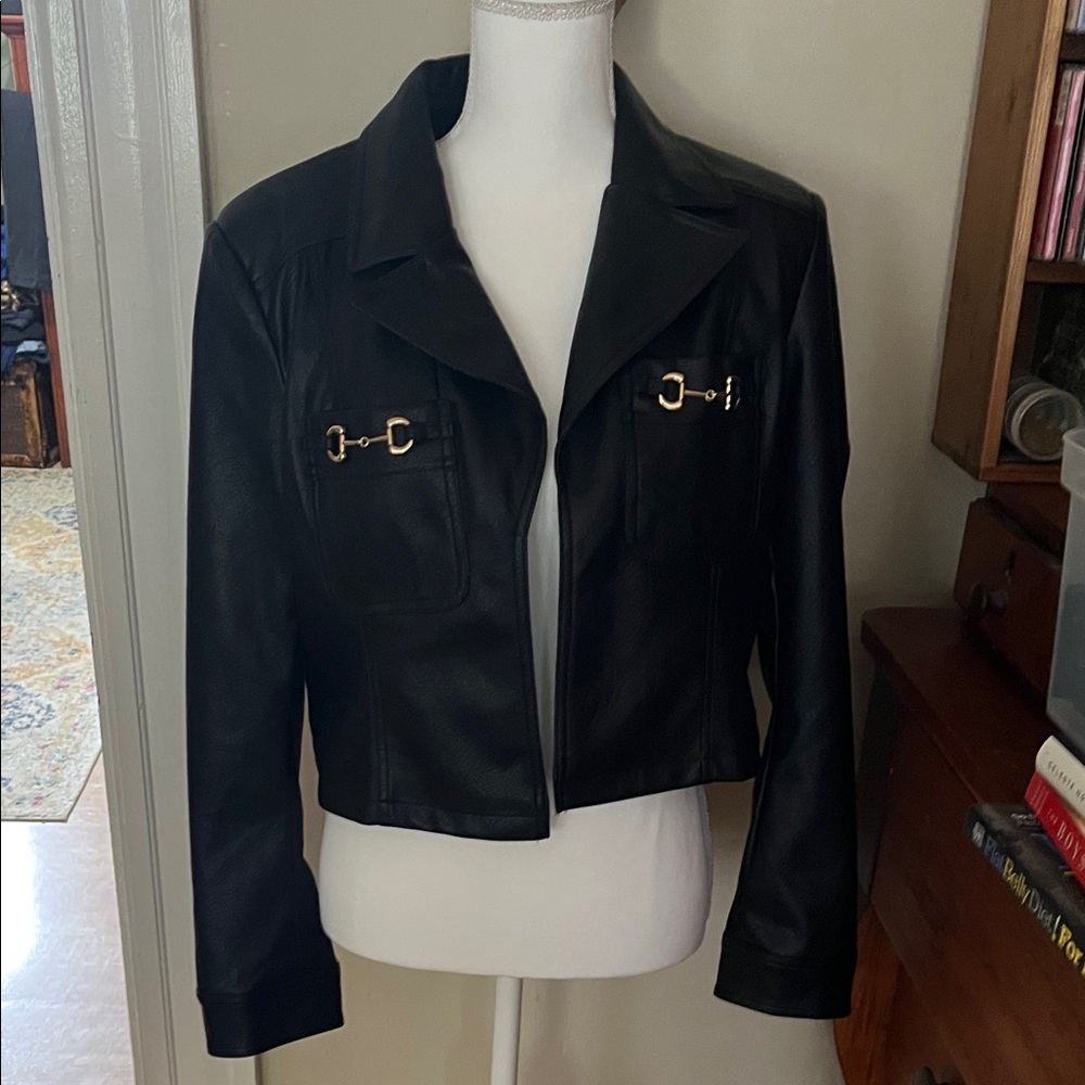 bagatelle Black Faux Leather Cropped Jacket with Gold Buckle Accents